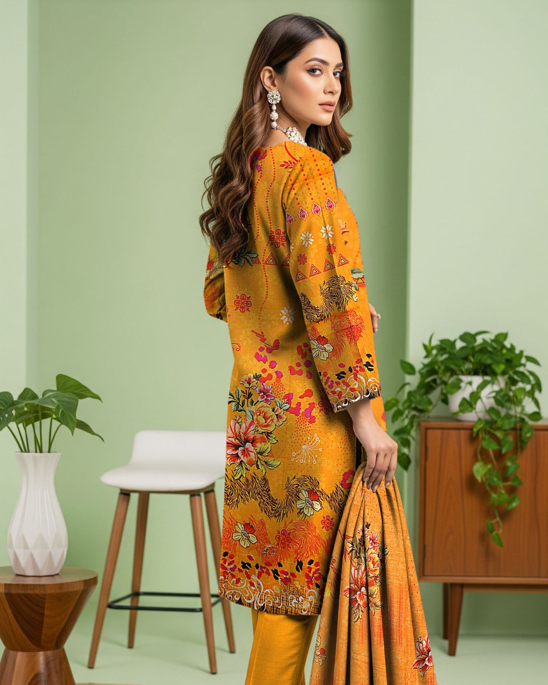 Golden Mustard Linen 3-Piece with Floral Cutwork Dupatta
