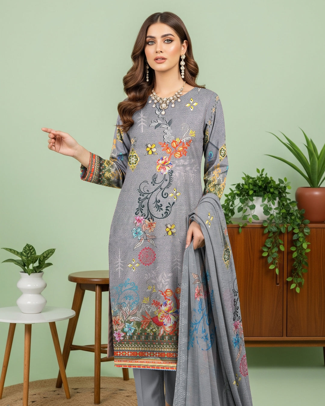 Ash Grey Linen 3-Piece with Artistic Print Dupatta