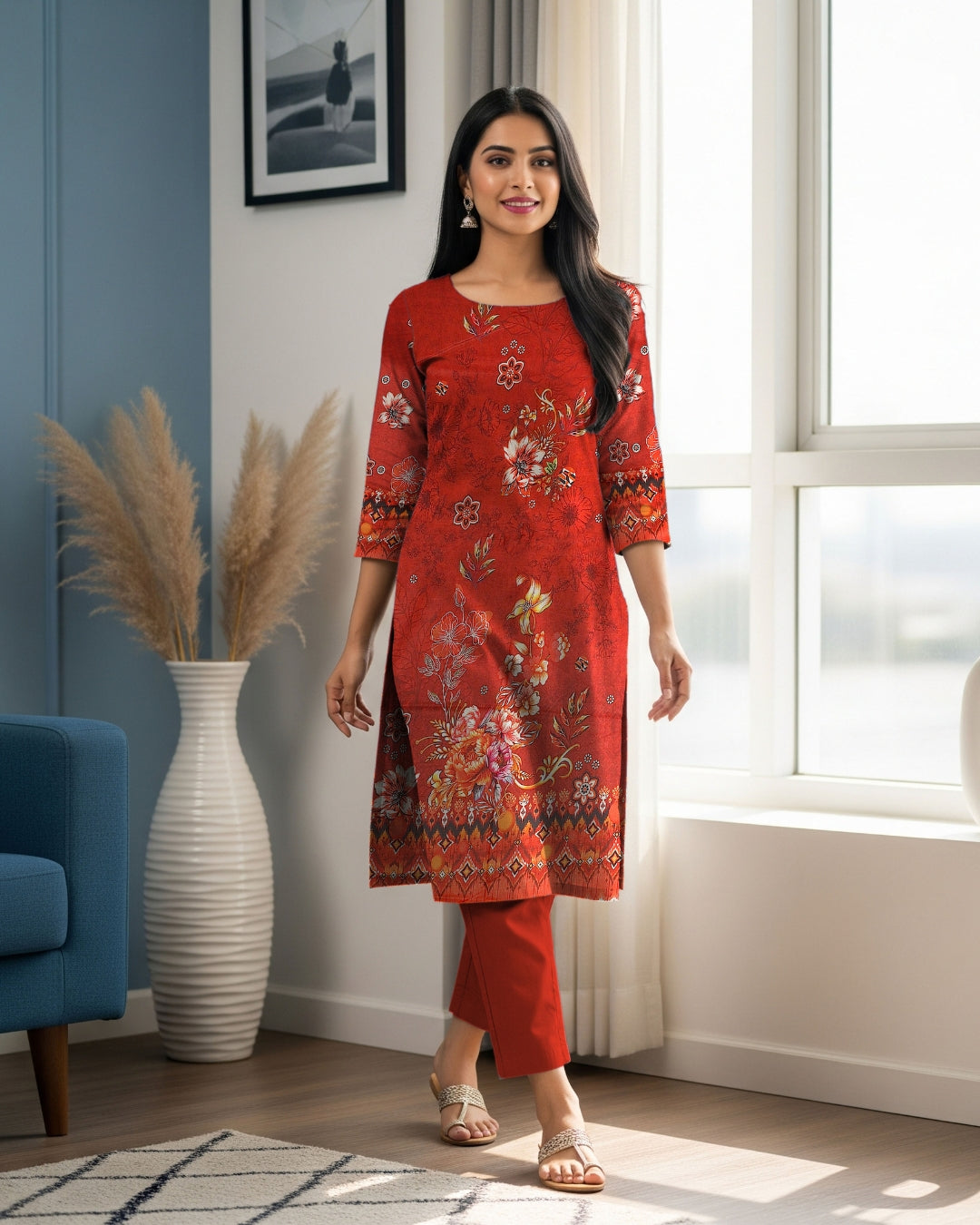 Crimson Charm Linen 3-Piece with Elegant Cutwork Dupatta
