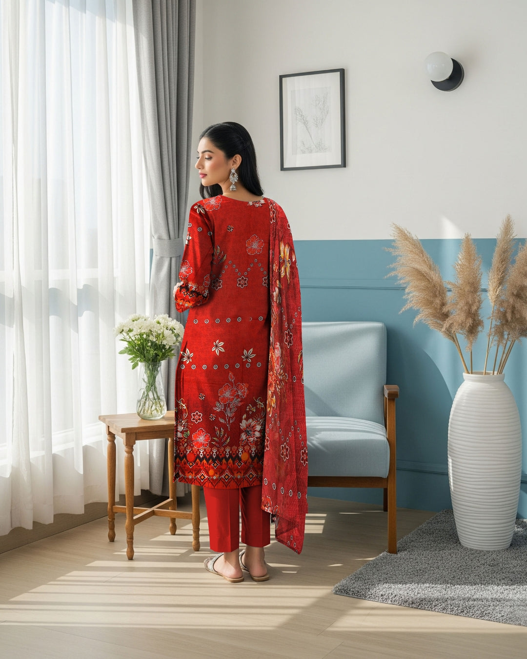 Crimson Charm Linen 3-Piece with Elegant Cutwork Dupatta