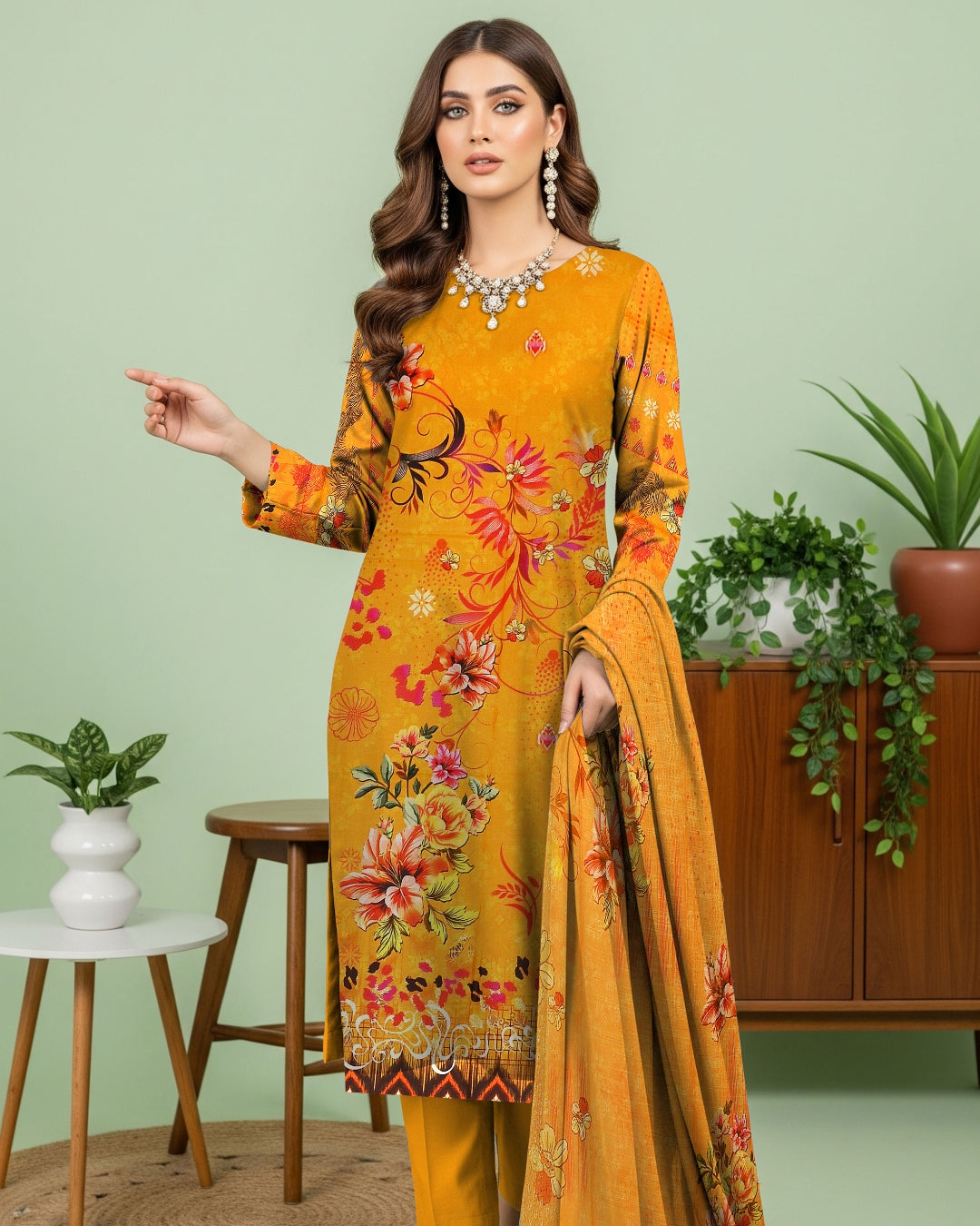 Golden Mustard Linen 3-Piece with Floral Cutwork Dupatta