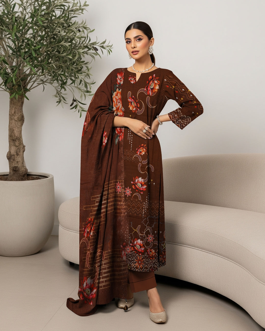 Cocoa Charm Linen 3-Piece with Traditional Motif Dupatta