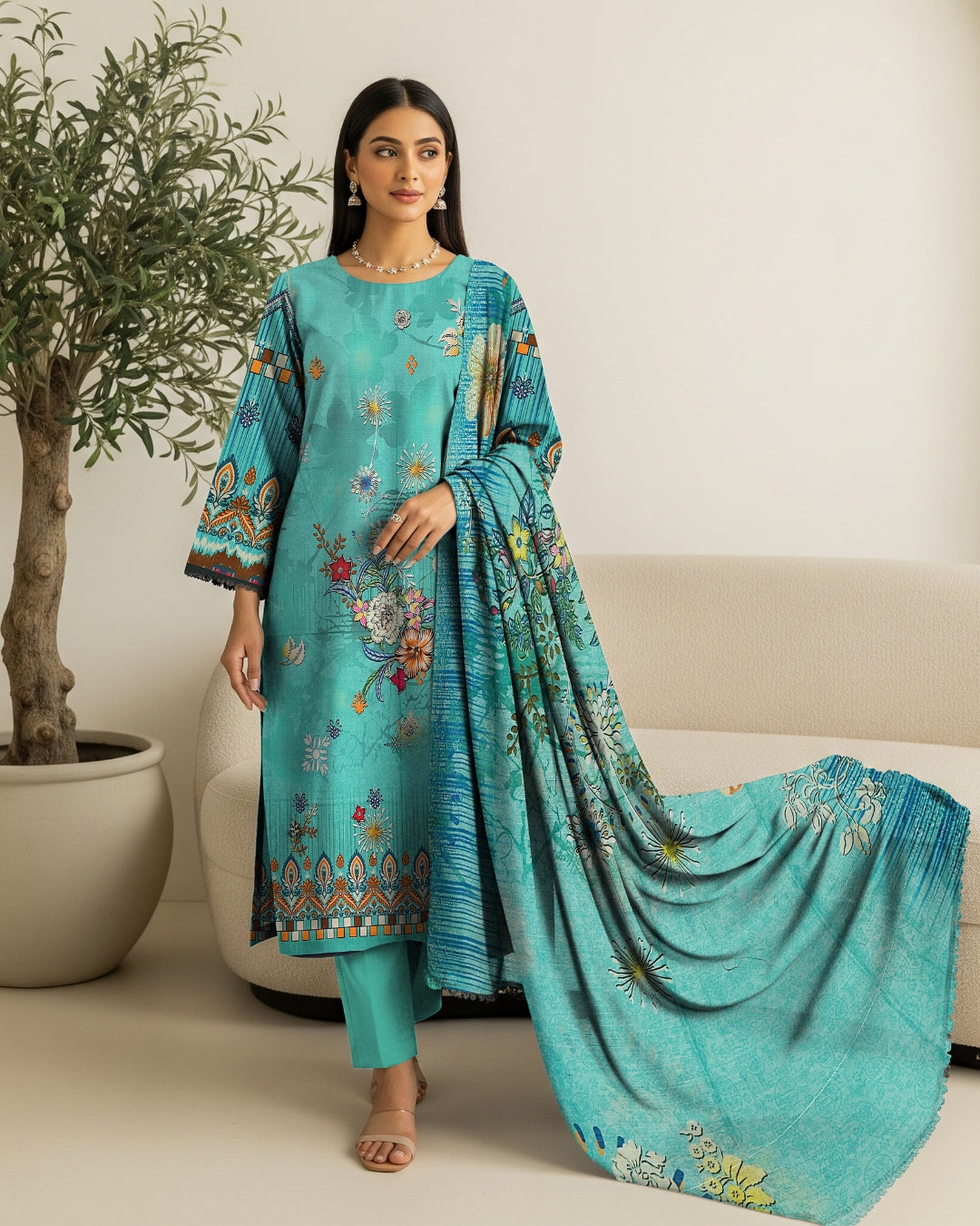 Ocean Breeze Linen 3-Piece with Fresh Cutwork Dupatta