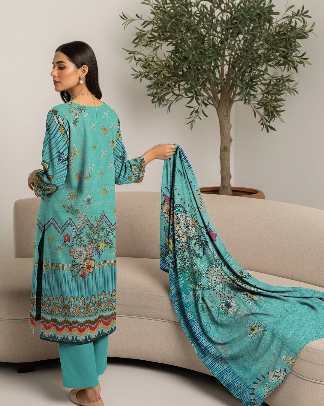 Ocean Breeze Linen 3-Piece with Fresh Cutwork Dupatta