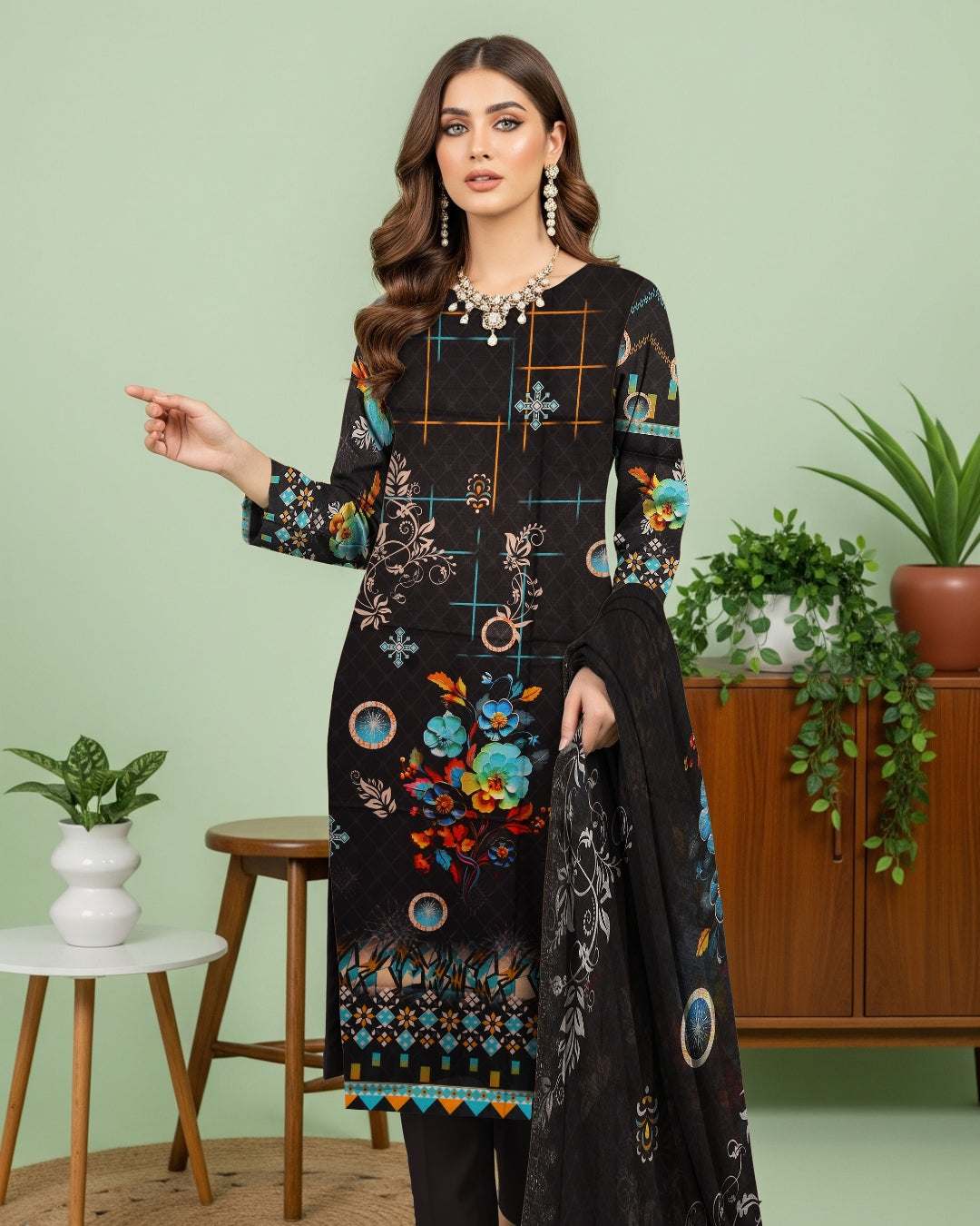 Mocha Classic Linen 3-Piece with Modern Print Dupatta