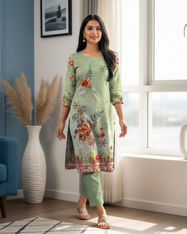 Mint Garden Linen 3-Piece with Floral Cutwork Dupatta