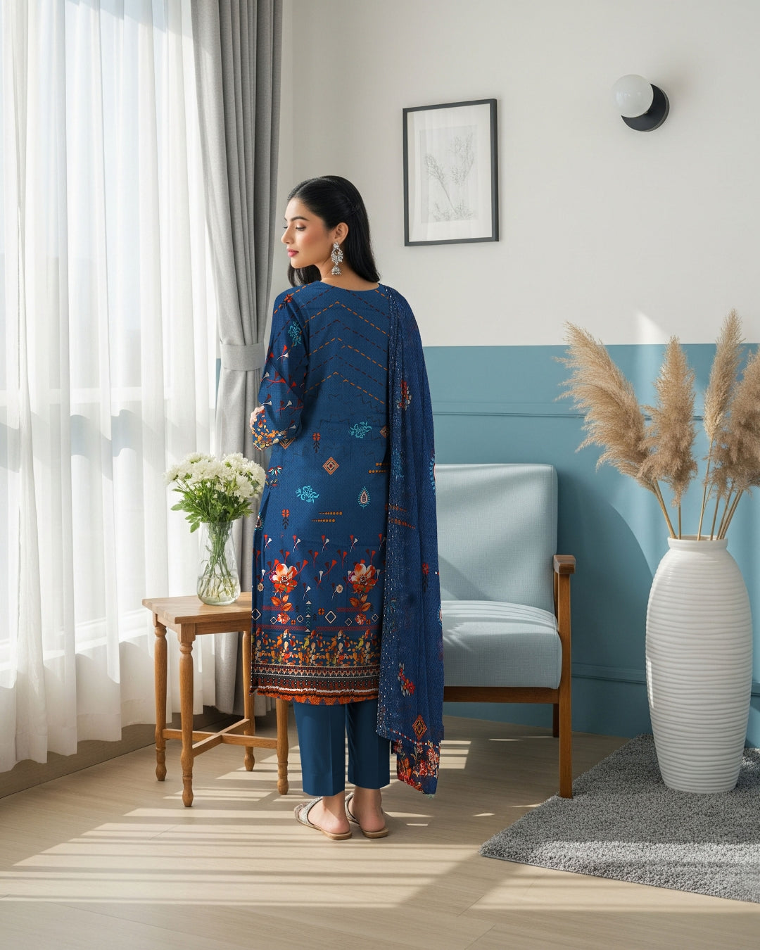 Midnight Navy Linen 3-Piece with Bold Print Dupatta
