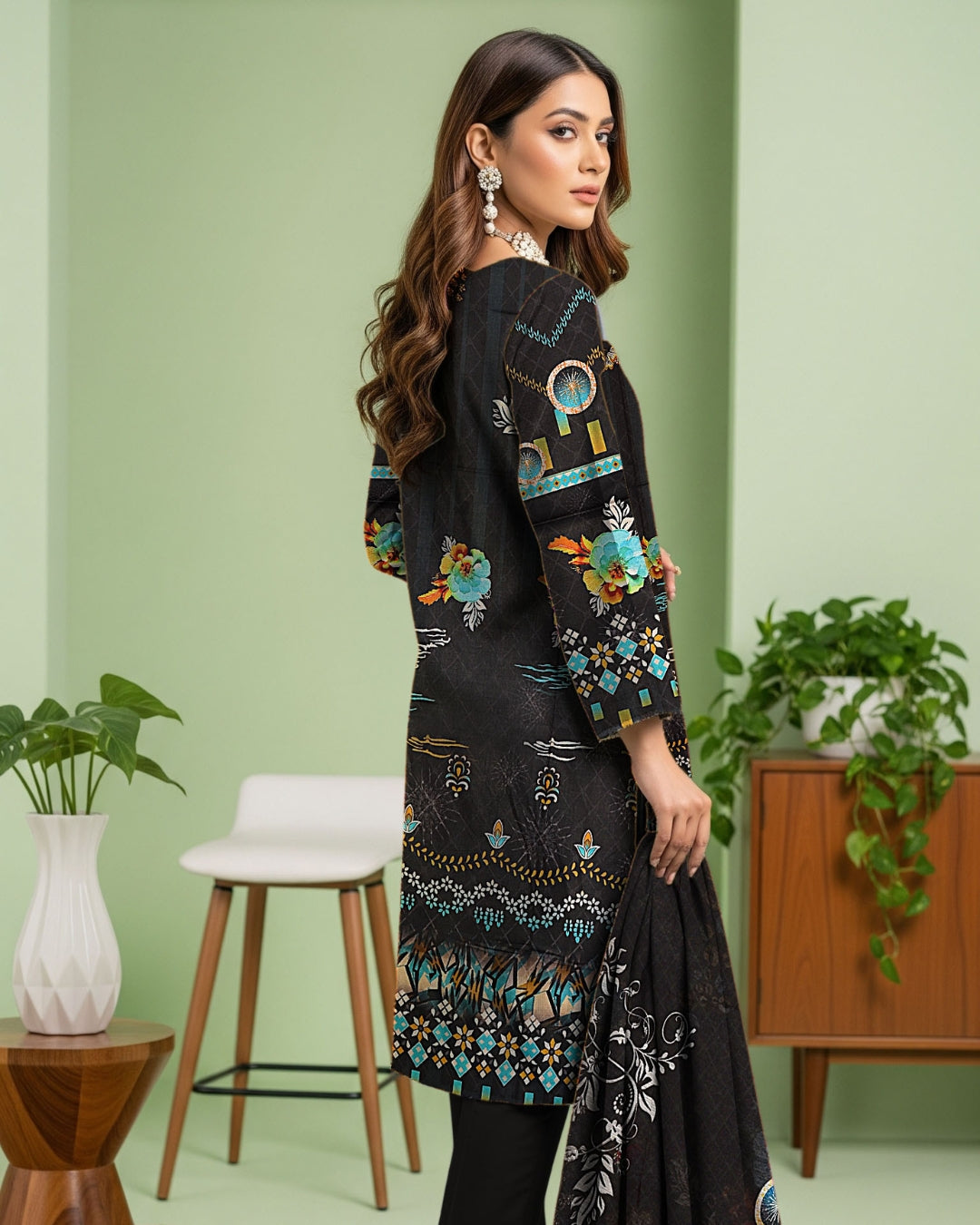 Mocha Classic Linen 3-Piece with Modern Print Dupatta