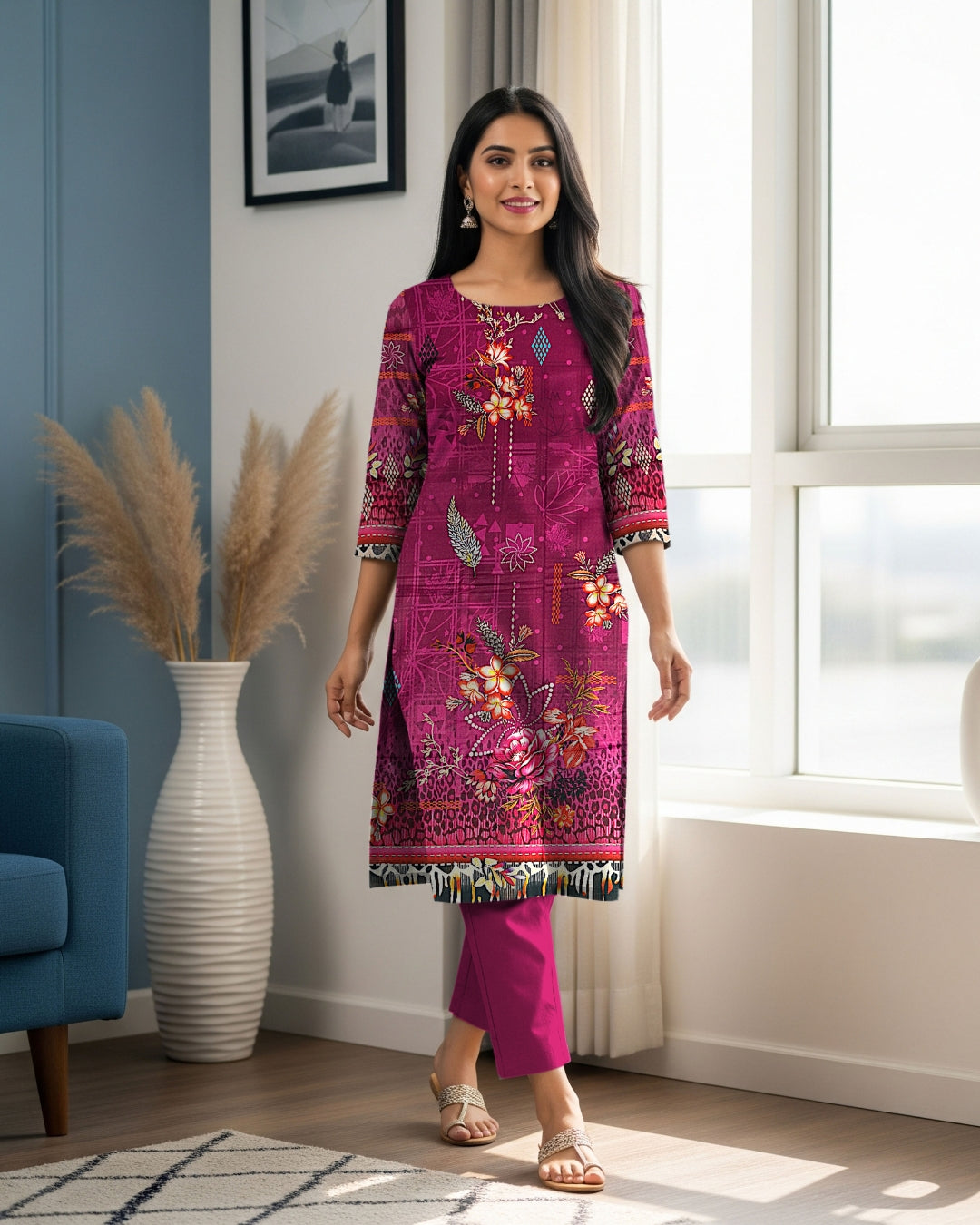 Magenta Blossom Linen 3-Piece with Cutwork Dupatta