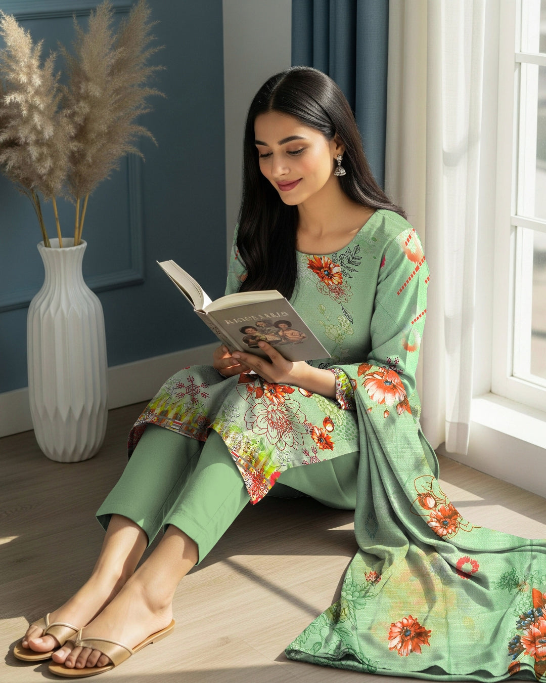 Mint Garden Linen 3-Piece with Floral Cutwork Dupatta