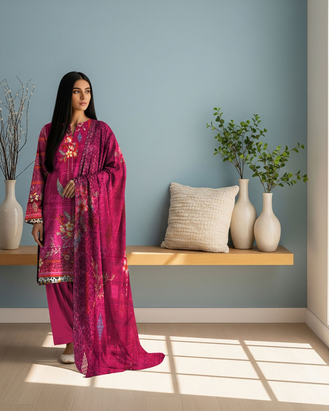 Magenta Blossom Linen 3-Piece with Cutwork Dupatta
