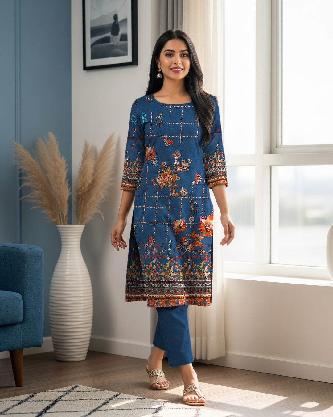 Midnight Navy Linen 3-Piece with Bold Print Dupatta
